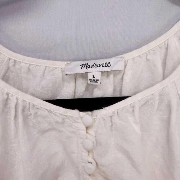 Madewell Tiered Mini Dress Linen Blend Pockets Ivory Size Large Boho Babydoll - Picture 7 of 13